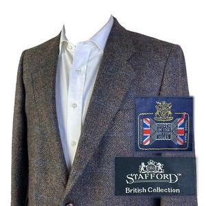 Stafford British Isles Sport Coat Blazer Mens 42S Brown Herringbone Windowpane